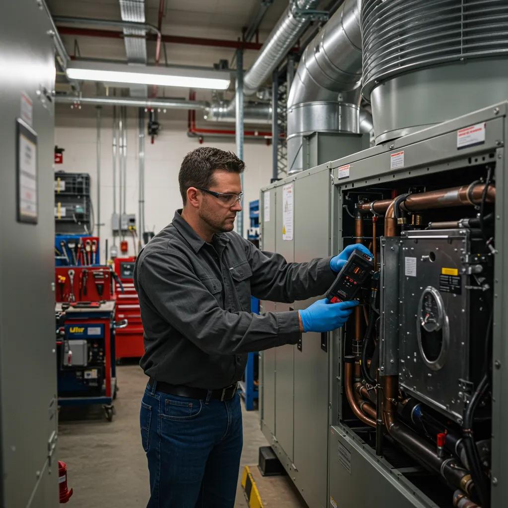 Skilled technician examining an industrial HVAC unit in Oklahoma City